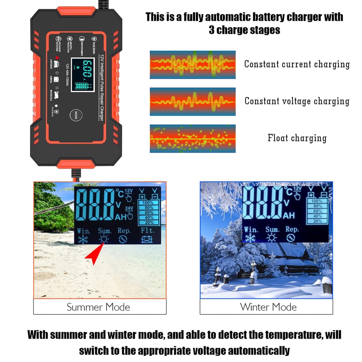 12V/6Amp Car Battery Charger, Smart Fully Automatic Battery Charger with Temperature Compensation for Most Types of Lead Acid Batteries, Red, AC Connection Required — view 5