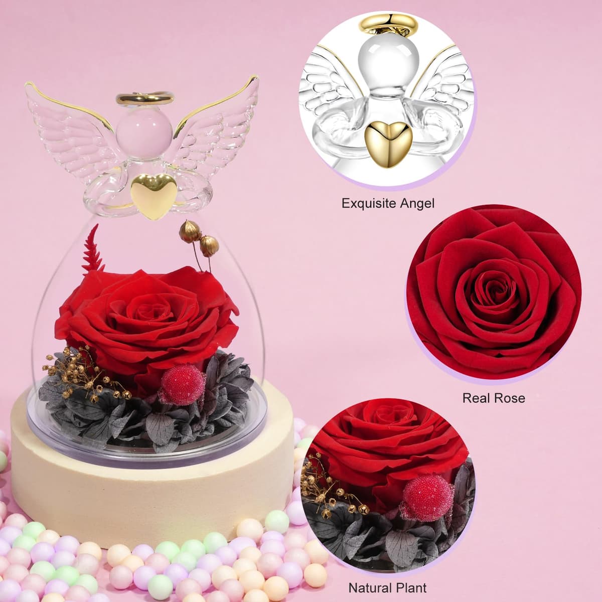 Yamonic Rosa Eterna Regalo Mujer,Rosa Eterna Natural Preservada con Figura Ángel Regalo Dia de la Madre, Flores Preservadas Regalos Cumpleaños Mujer Abuela, Regalos para mamá en el Día de la Madre — view 5