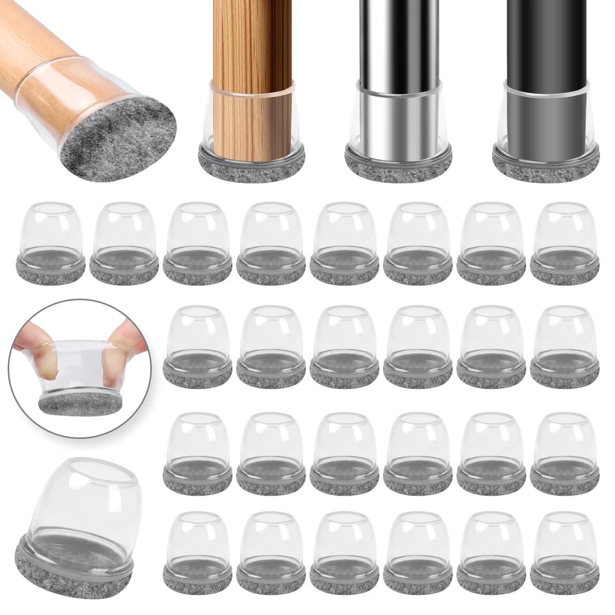 Ezprotekt Protectores de Suelo Transparentes para Patas de Silla 20-28mm, 16 Tapones de Silicona con Fieltro Envuelto, Fundas de Silicona Redondo — view 32