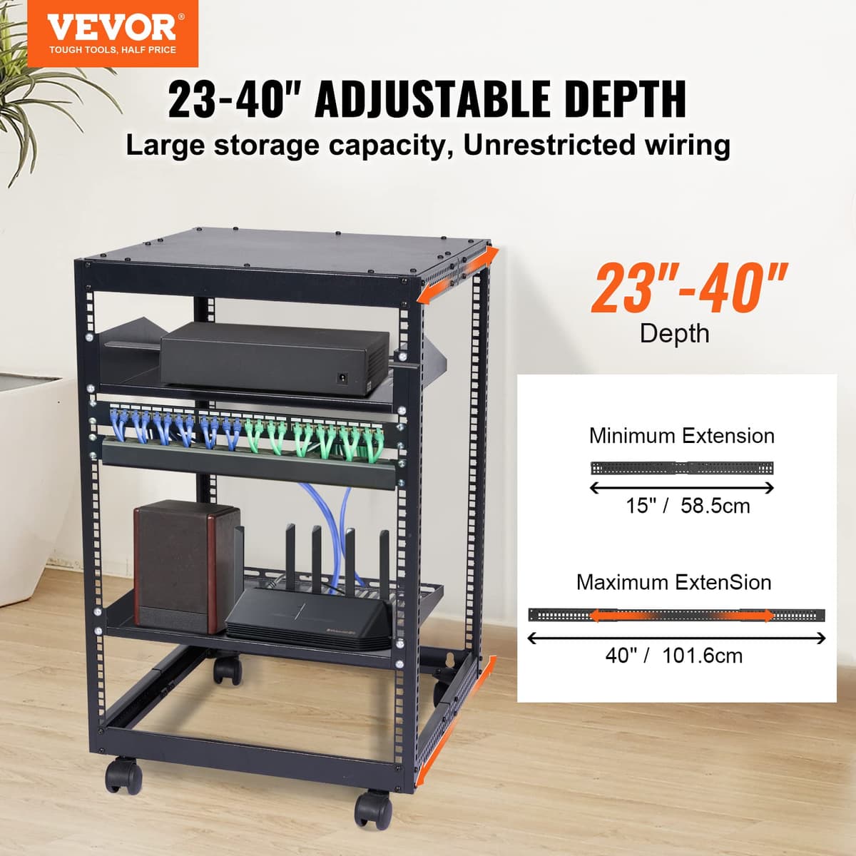 VEVOR Rack de Servidor de Marco Abierto de 15U, Profundidad Ajustable de 23"-40", Rack de Servidor de Red, 4 Postes con Ruedas, sostiene Todos Sus Equipos de TI de Red Módem enrutador de Engranaje — view 2
