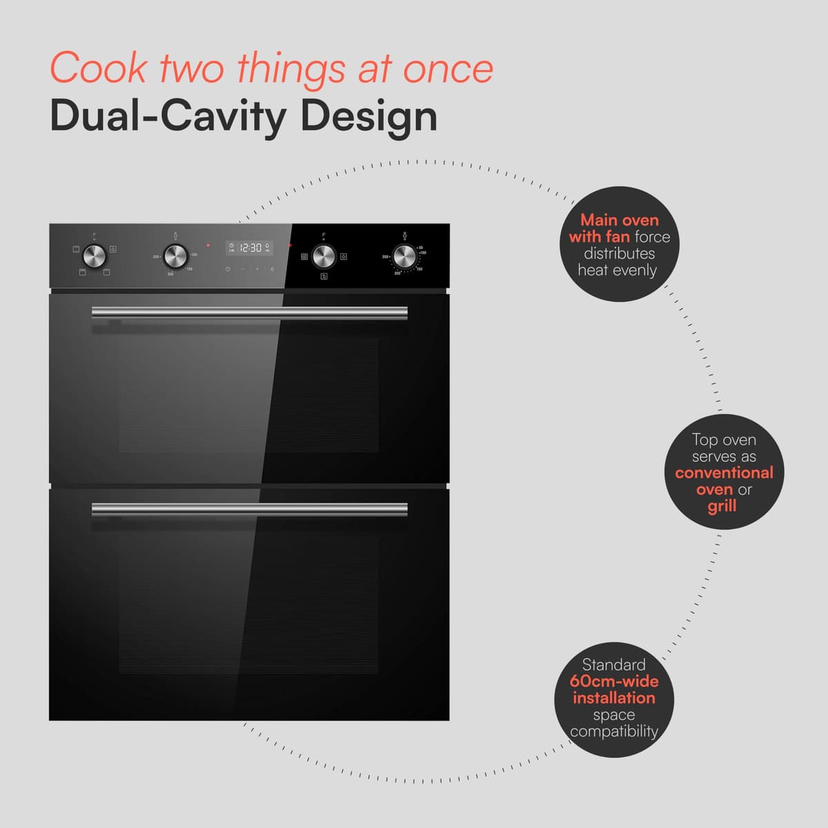 Cookology CDO720BK Built-in Electric Double Fan Oven in Black - Combined 85 Litre Capacity - Integrated Cooker - 6 Cooking Functions - Easy Programmable Timer - Dial Controls & Digital Clock — view 3