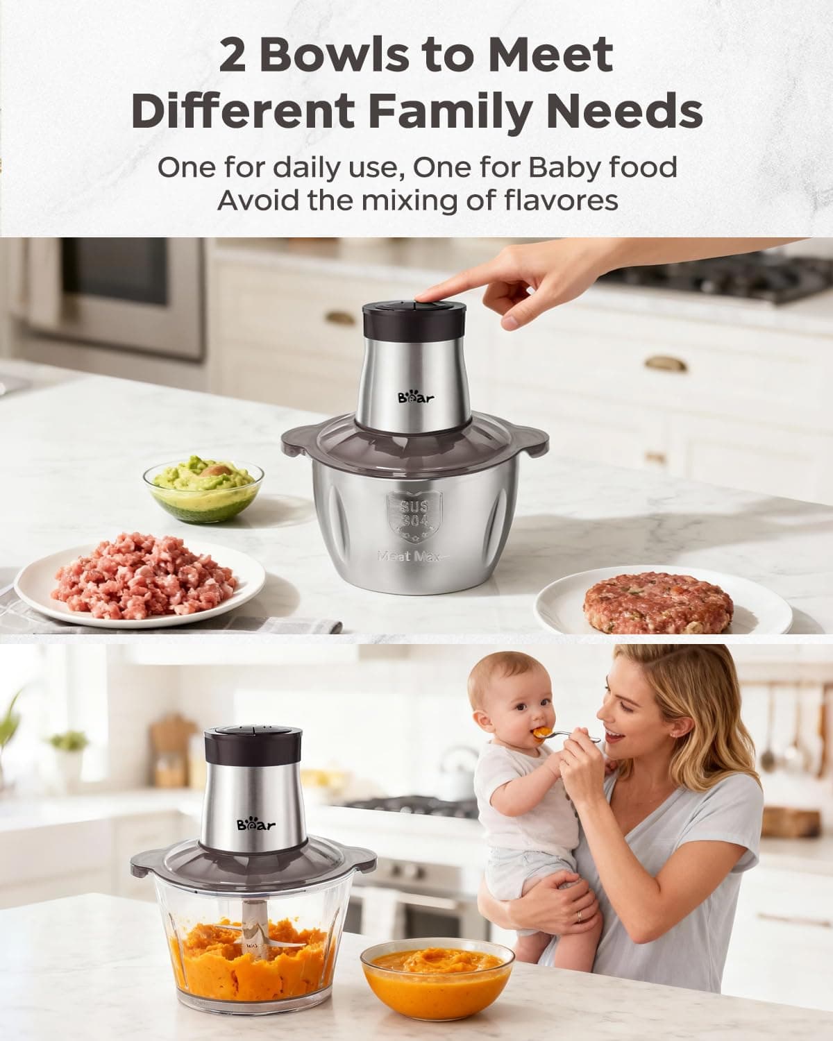 Bear 2L+1.8L 600W Electric Food Processors & Chopper with Glass Container and 304 Stainless Steel Container, 2 Speed Settings, 4 Stainless Steel Blades for Chopping Meat, Baby Food, Fruit, Vegetable — view 6