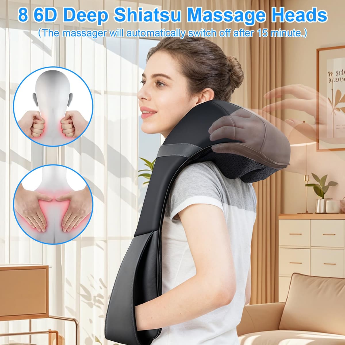 Masajeador para Cuello y Espalda, Aliviar el Dolor Muscular, Velocidad 3 Marchas, 16 Cabezales Masaje, Cronometrado en 15 Minutos, Masajeador de Tejido Profundo con Función de Compresa Caliente — view 3