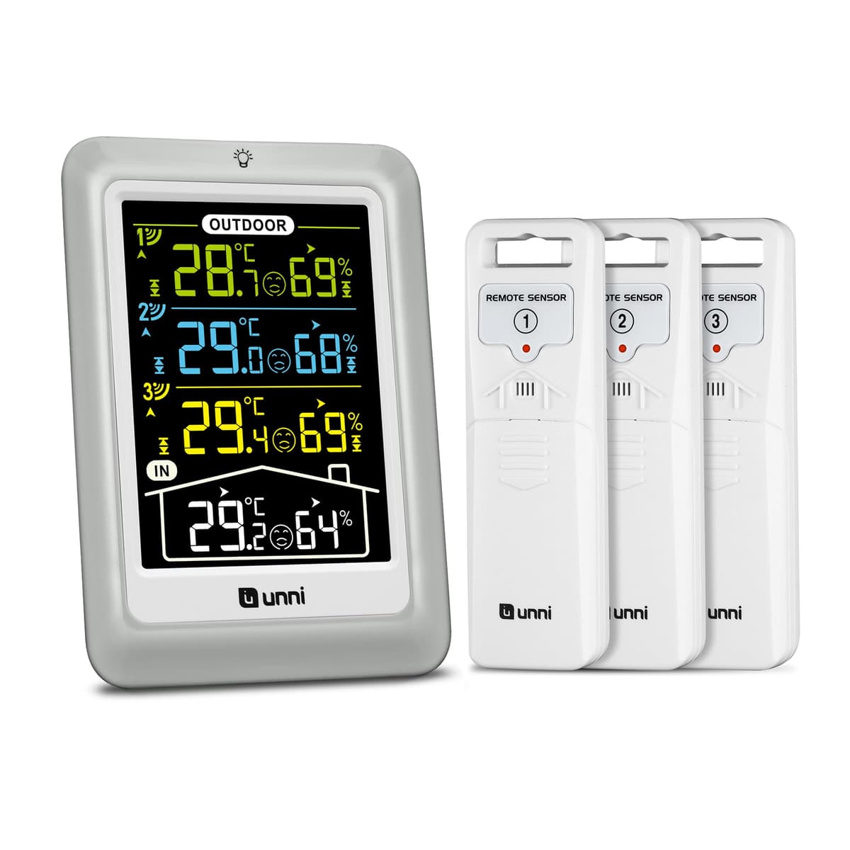 Termómetro inalámbrico para interiores y exteriores con 3 sensores, pantalla de 4.5 pulgadas, alcance de 100 m y retroiluminación Ajustable — view 7