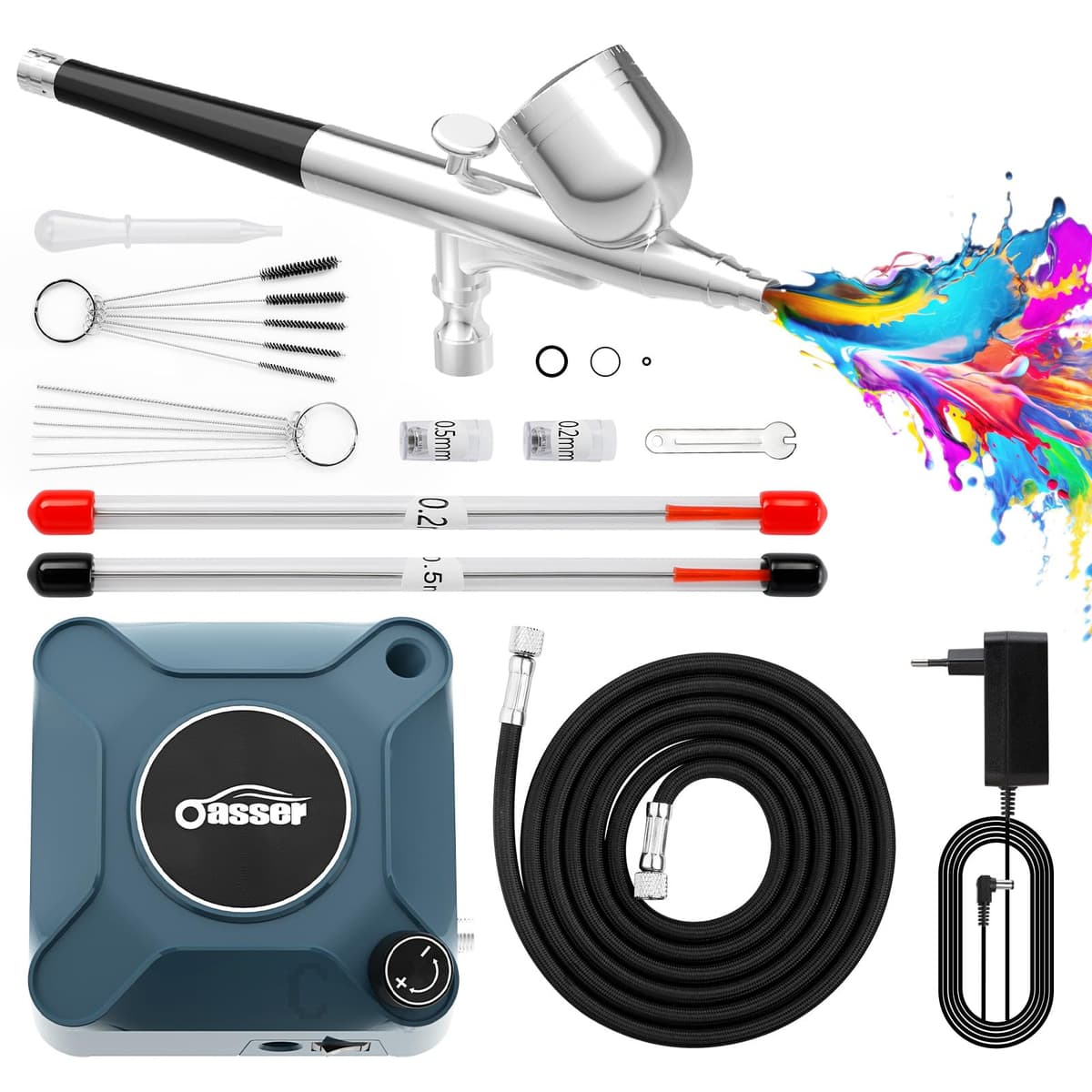 Oasser Kit Aerógrafo con Compresor Profesional Airbrush 36PSI Doble Acción Juego Pistola Regulación Voltaje Continua Modelos Decoración Tartas Uñas — view 10