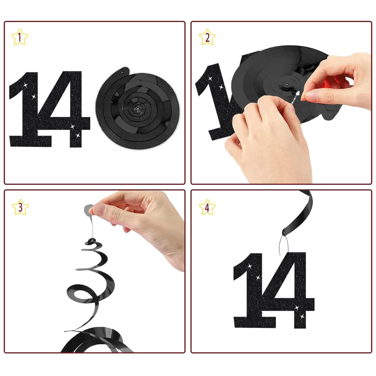 14th Birthday Decorations for Boys Girls - Black Silver Glitter Happy 14th Birthday Letter Banner and Pennant Flags, Number 14 Foil Balloons and Hanging Swirls for 14 Years Old Children Party Supplies — view 4