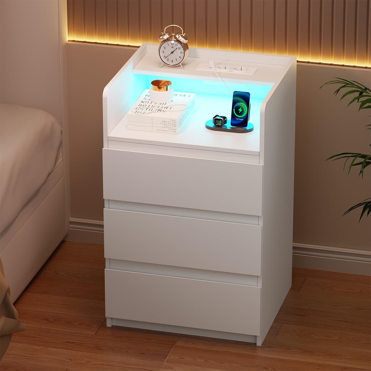 ANWBROAD Mesita de Noche con Enchufes Integrados,Mesilla de Noche con Tira de Luces LED,3 Cajones 1 Compartimento,Mesita de Noche Moderna para Dormitorios Salones (2, Blanco) BNS014W — view 2