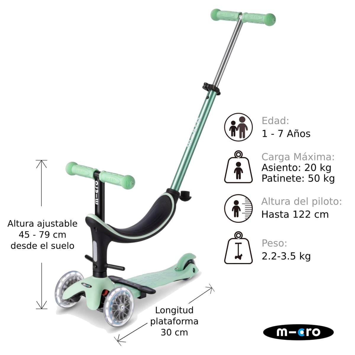 Micro® | Mini2Grow Deluxe LED | El Original Desde 1999 | Patinete Evolutivo con Asiento Mini 4en1 para niños Desde 1 año| Ruedas LED mas Brillantes | Transición sin Herramientas | 1-6 Años — view 2