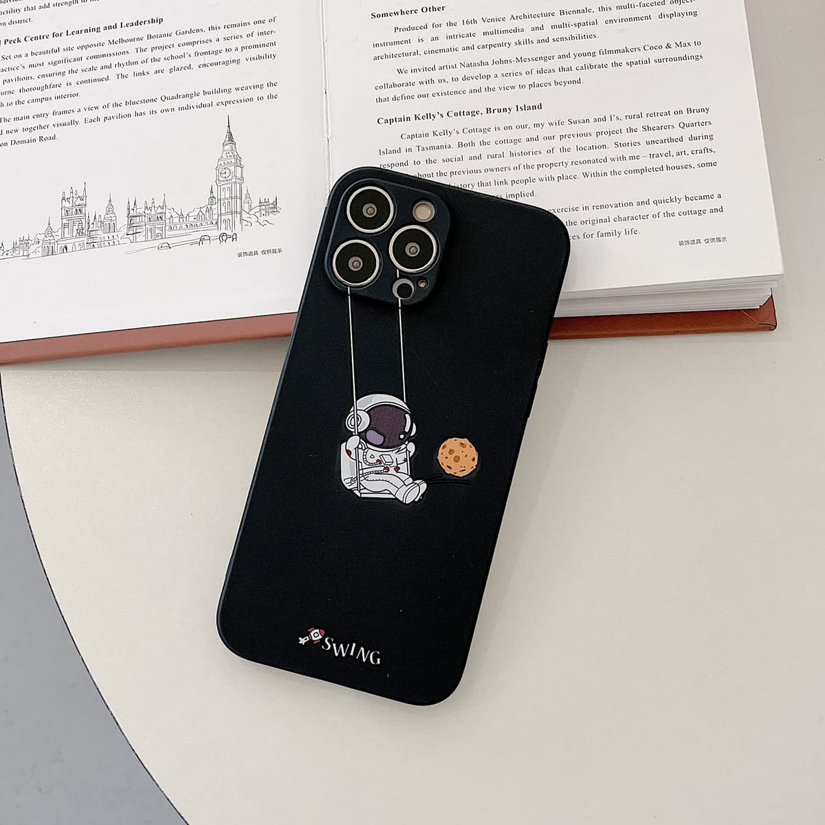 Yonds Queen for iPhone 14 Plus Cute Case, Cool Cartoon Swing Astronaut Planet Moon Space Design Stylish TPU Bumper Shockproof Anti-Slip Protector Fashion Case (Black Planet, iPhone 14 Plus) — view 2