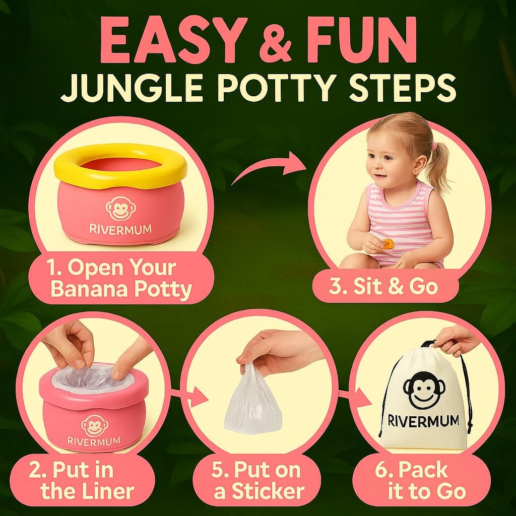 Kit Orinal Portatil Niños Plegable Banana XL, Orinal Infantil Pórtatil para viajes o casa, WC Inodoro portatil Niños, Potty Training, Incluye Bolsas, Pegatinas y Cacalendario (ROSA) — view 3