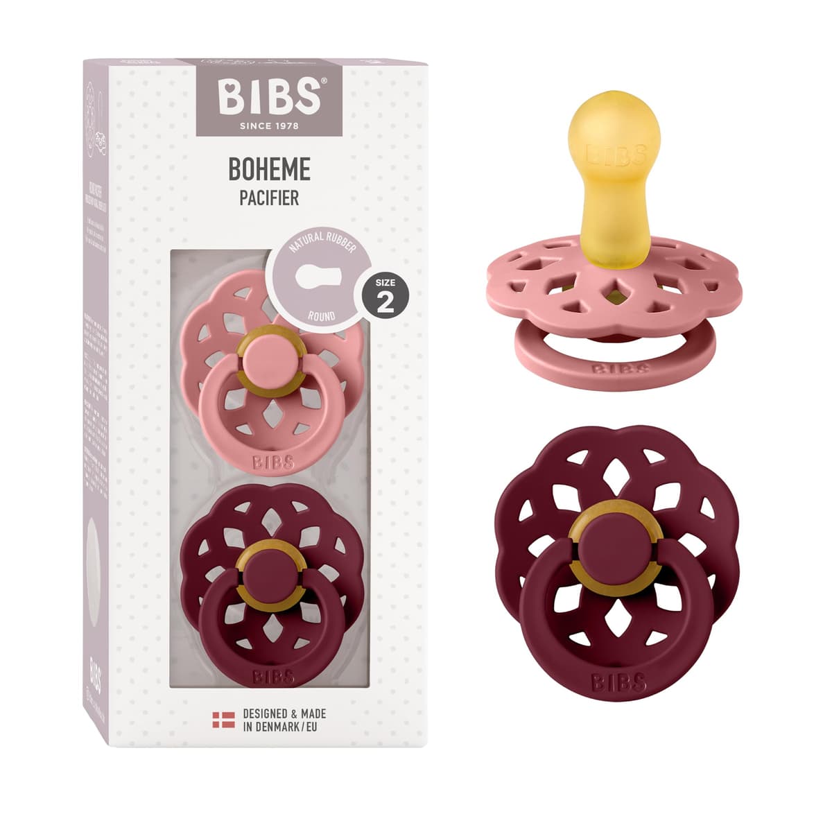 BIBS Boheme Soother 2-Pack. BPA Free. Round Nipple. Natural Rubber Latex, Made in Denmark. Size 2 (6-18 Months), Blossom/Dusky Lilac — view 22