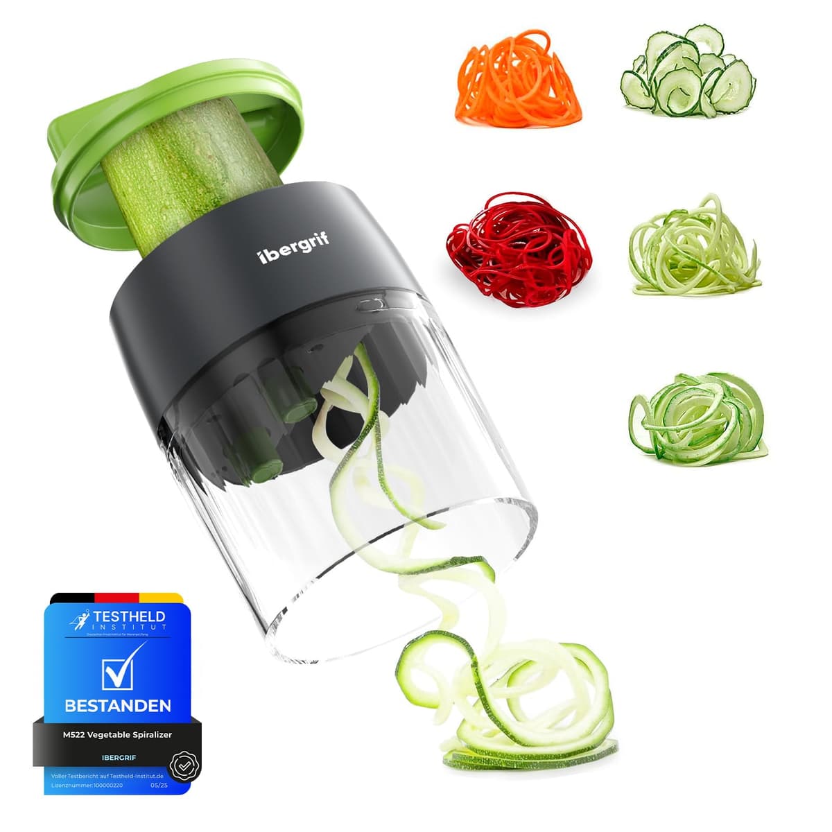 Ibergrif M522 Espiralizador de Verduras, Espaguetis Calabacin Maquina Mejorado, Espirilizador Calabacines Libre de BPA, Apto para Lavavajillas, 4 en 1 Cortador Calabacin para Pepinos, Calabacín