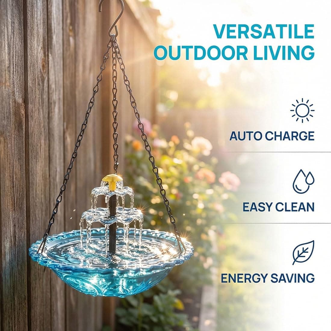 Solar Cascade Hanging Bird Bath Fountain with Glass Bowl, Outdoor Solar Powered Water Feature with Pump for Garden Patio Backyard, Attracts Hummingbirds and Wild Birds Decor (Gray) — view 5