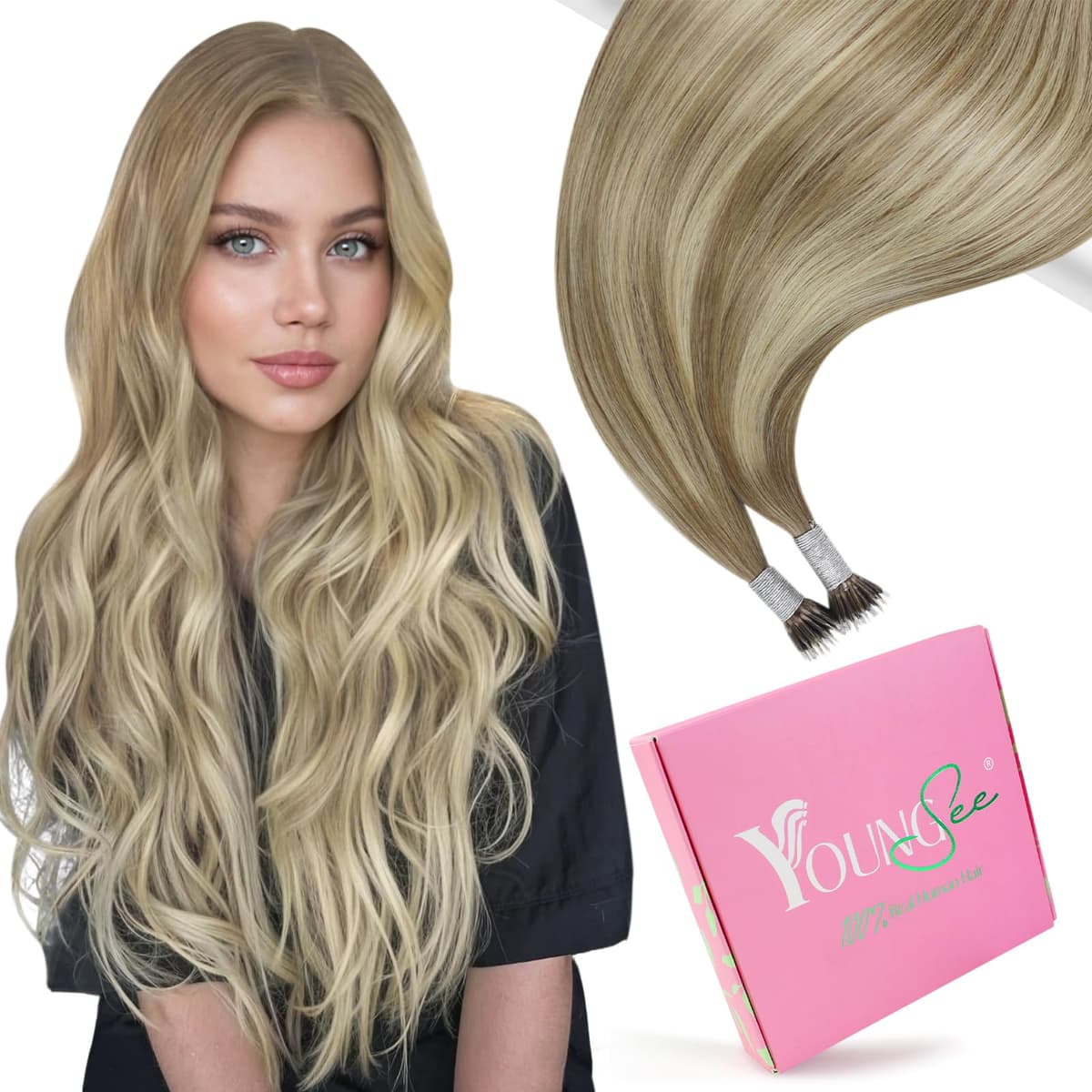 YoungSee Nano Hair Extensions Blonde 16inch Nano Beads Hair Extensions Warm Ash Blonde Highlight Bleach Blonde Nano Ring Hair Extension Highlight for School Soft Cold Fusion 50s 50g — view 13