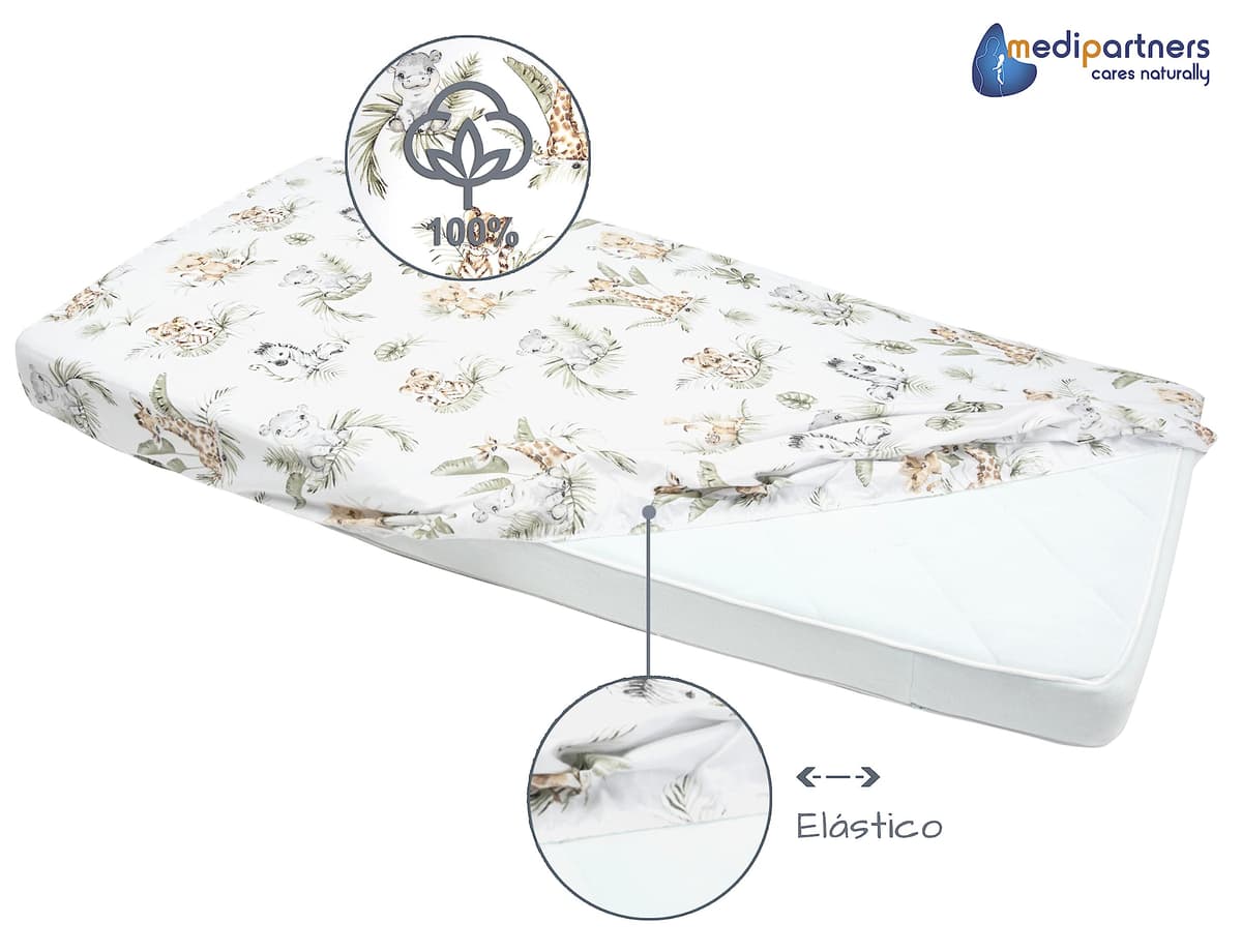 Medi Partners Sabana Bajera Cuna 60x120 Set de 3-100% Algodon Sabanas de Algodón Bebe Ropa de Cama para Bebés Dormir Cuna Fitted Bed Sheet Protector (Safari-Blanco-Gris) — view 5