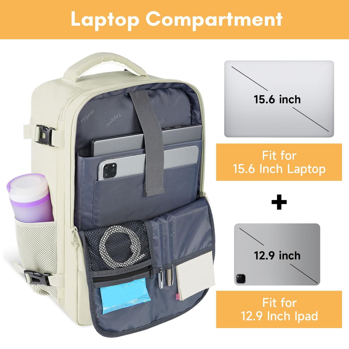 Travel Backpack for Women, Carry On Backpack with USB Charging Port & Shoe Pouch, TSA 15.6inch Laptop Backpack Flight Approved, College Gym Bag Casual Daypack for Weekender Business Hiking, Beige — view 6
