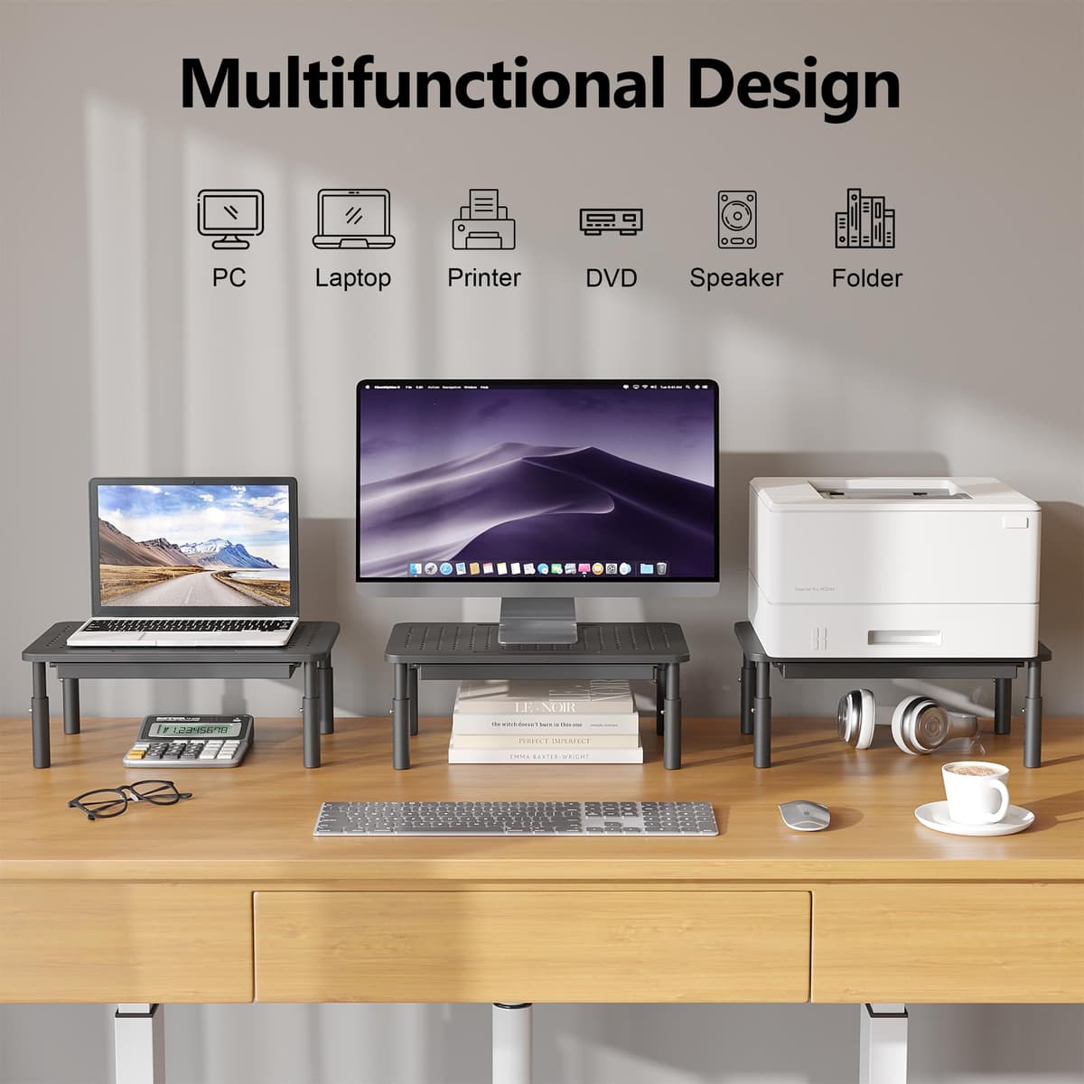 BONTEC Monitor Stand with Drawer, 3 Height Adjustable Monitor Riser for Desk, Mesh Platform for Laptop, Computer, iMac, Printer up to 20KG, Desk Organizer with Cable Ties Included — view 8