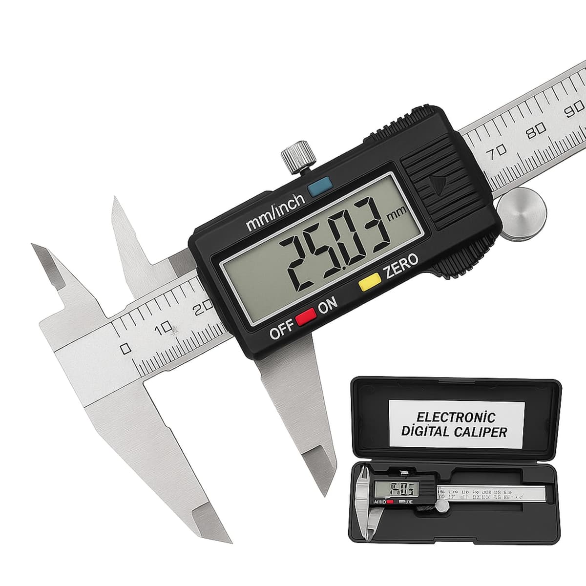 Digital Vernier Calipers 150mm Stainless Steel, Electronic Measuring Caliper with LCD Screen, mm/Inch/Fraction, Inside Outside Depth Step Measurements, Splash Resistant with Case