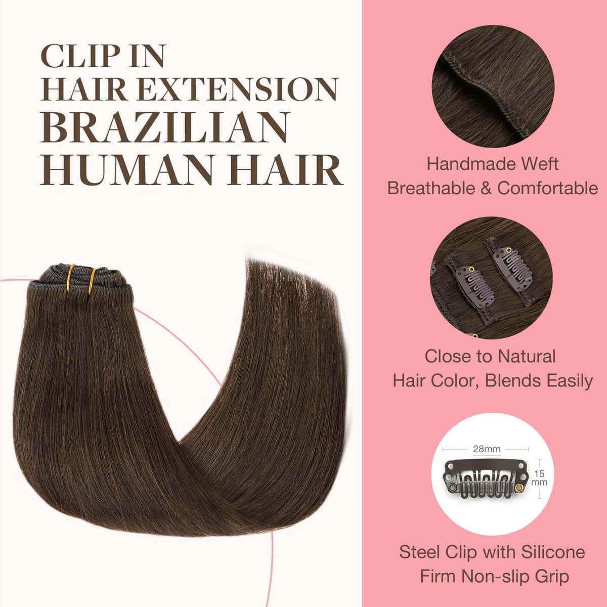 GOO GOO Clip in Hair Extensions Human Hair, 18inch 150g 9Pcs, #2 Dark Brown, Hair extensions for women, Human Hair Extensions Clip in — view 150