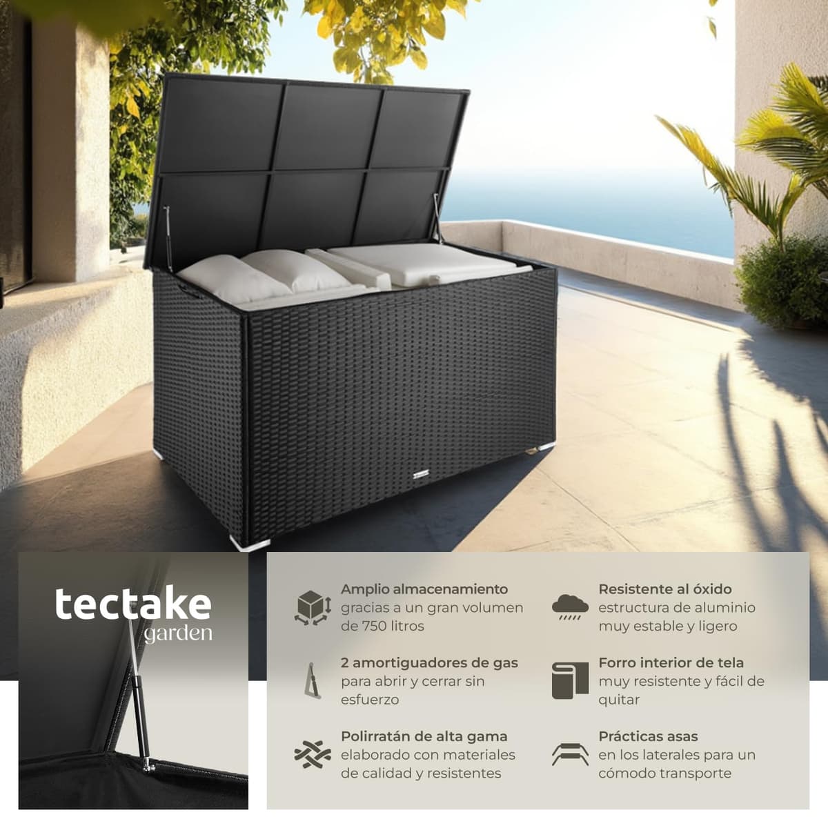 tectake Baúl de Almacenaje Exterior con 750 l de Capacidad, Arcón Exterior Atemporal de Poli ratán Resistente con Forro Interior Extraíble, Cofre para Jardín Exterior o Terraza - Negro — view 2
