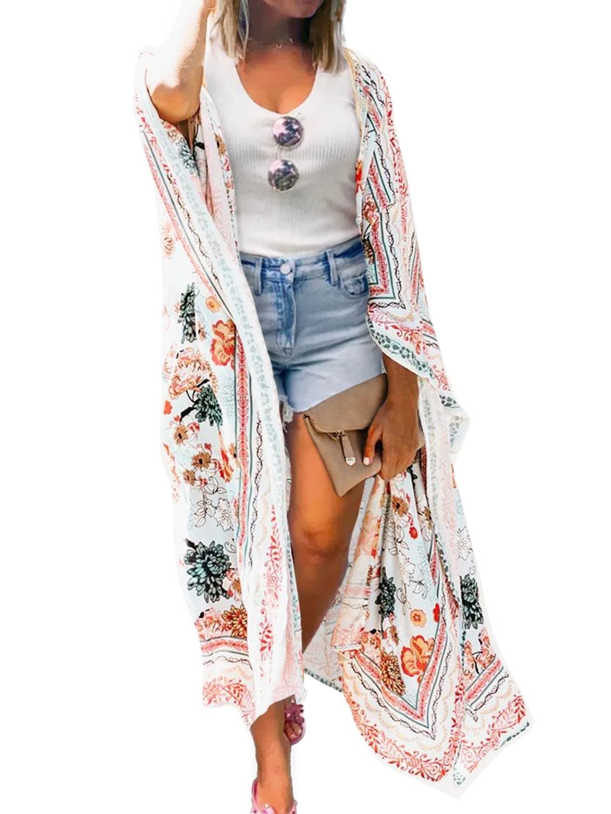 MayBuy Women's Summer Long Flowy Kimono Cardigans Boho Chiffon Floral Beach Cover Up Tops