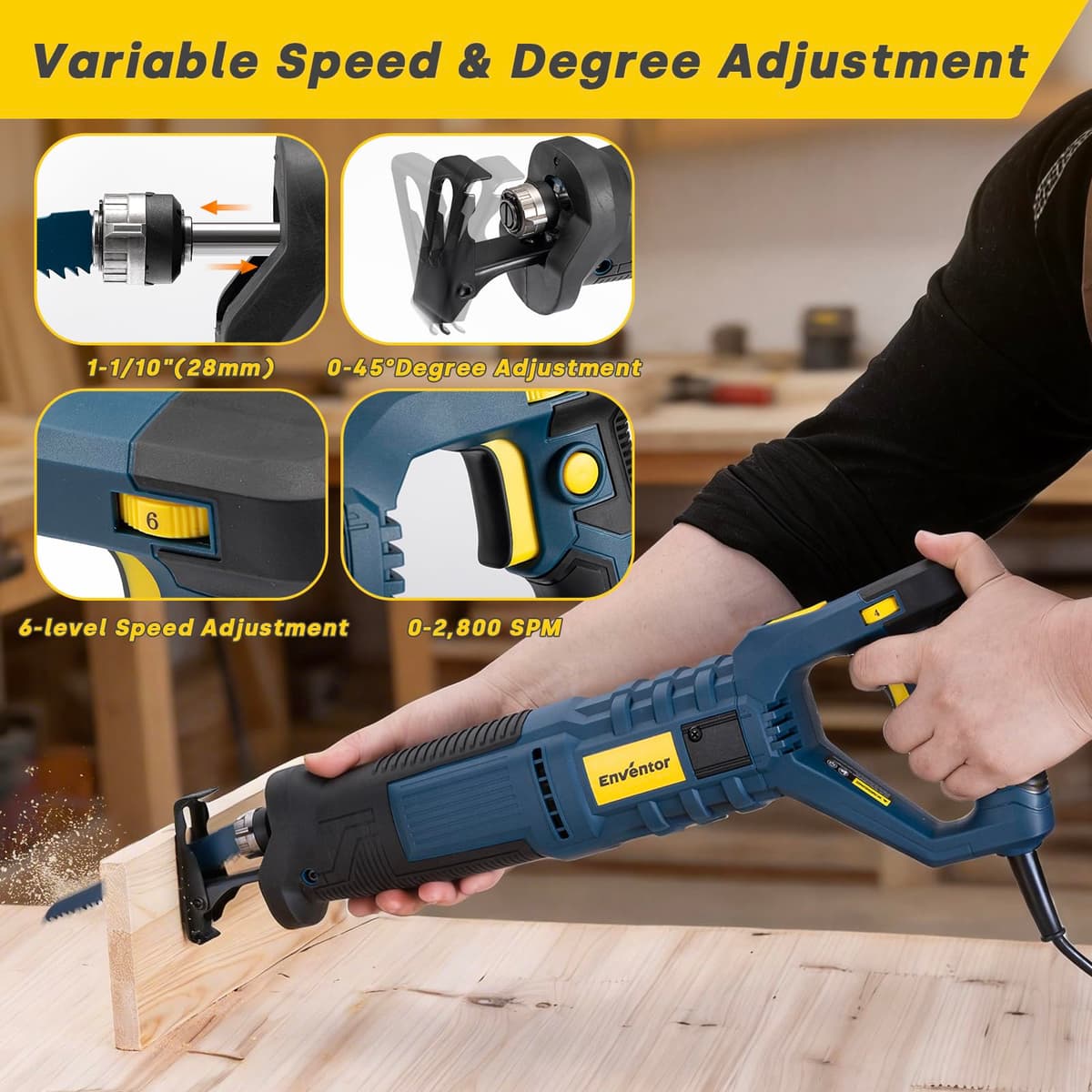 Enventor Sierra Sable con Cable, 850W, Sierra de Sable, 6 hojas, 2800SPM, velocidad variable, carrera de 28mm, cambio de hoja sin herramientas, 180° mango giratorio, para cortar madera, PVC y metal — view 4