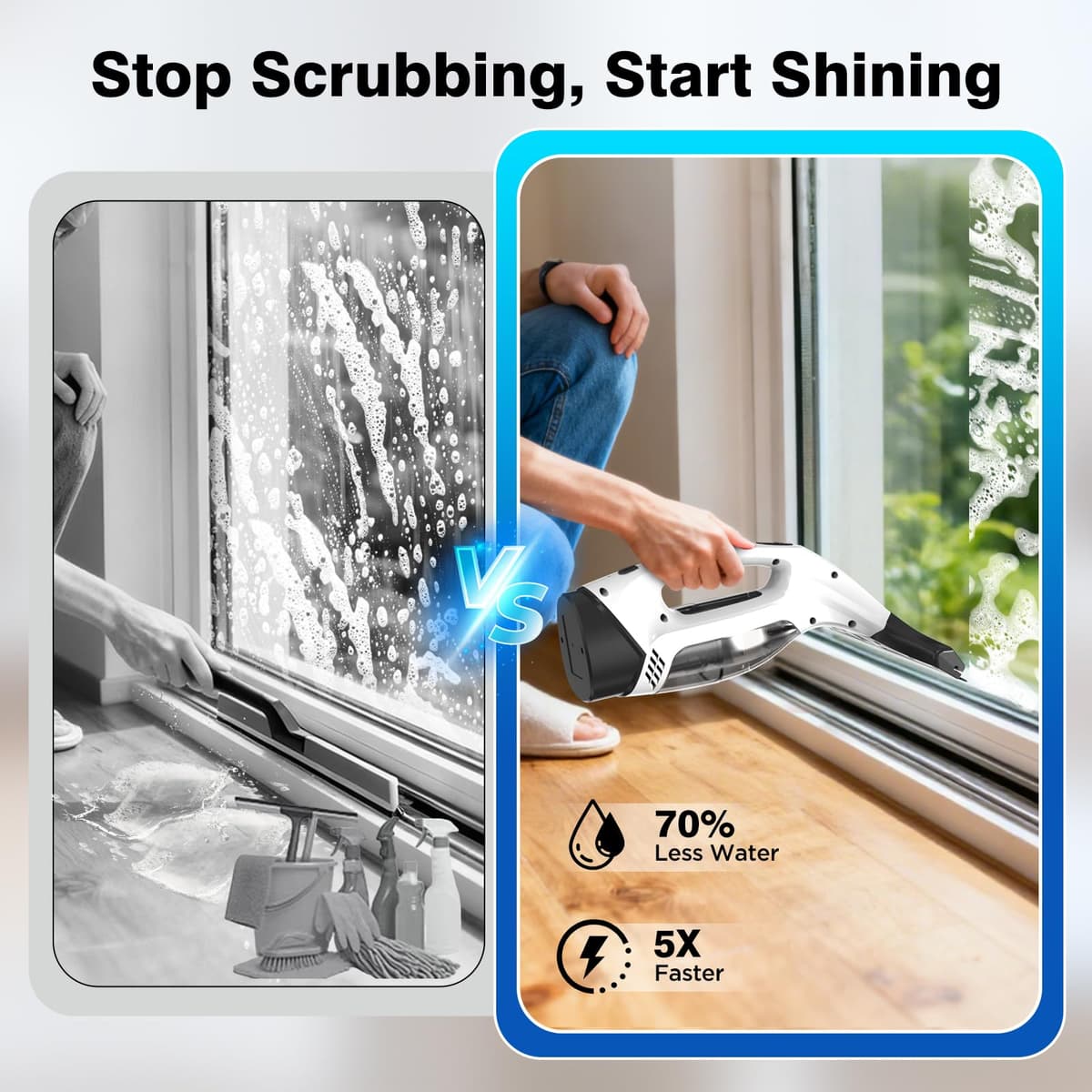 Window Vacuum Squeegee Cordless, 2000Pa Electric Window Cleaner Tool with 2200mAh & 150ml Water Collection Tank, Cleaning Kit Shower Squeegee for Glass Doors, Tiles, Mirrors, Car (White) — view 3
