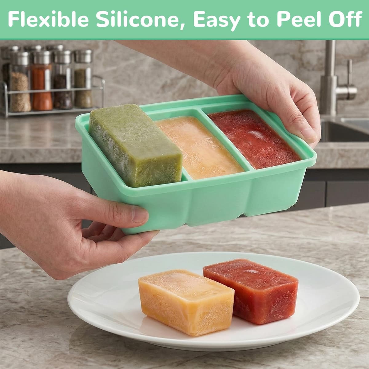 2 Pieza Moldes de silicona para sopa para congelador con tapas,Bandeja de Silicona para Congelador,Apilables Silicona para Cubitos de Hielo Molde, con 3 Compartimentos,300 ml ﻿ — view 4