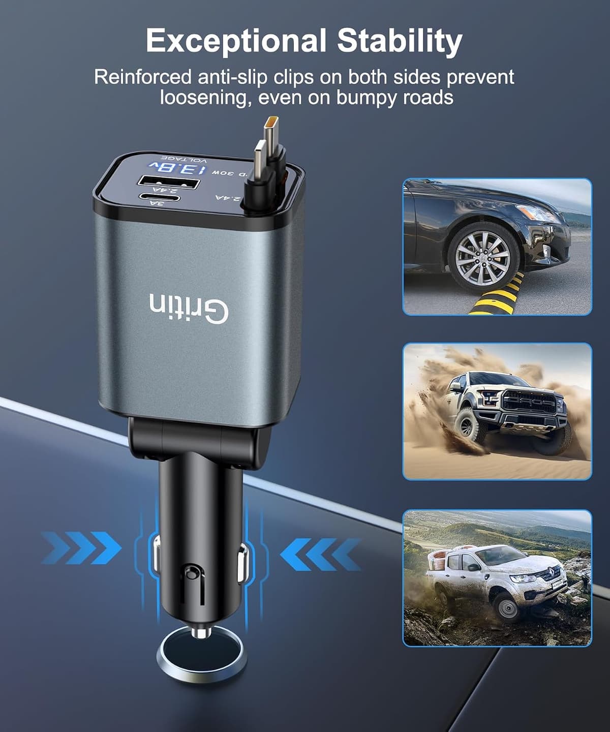 Gritin Retractable Car Charger, 69W Super Fast 4 in 1 USB C Car Charger Adapter with Smart Device-Adaptive Charging Technology&Instant Voltage Display, Accessories for iPhone17 16 Pro Max,iPad,Android Gray — view 8