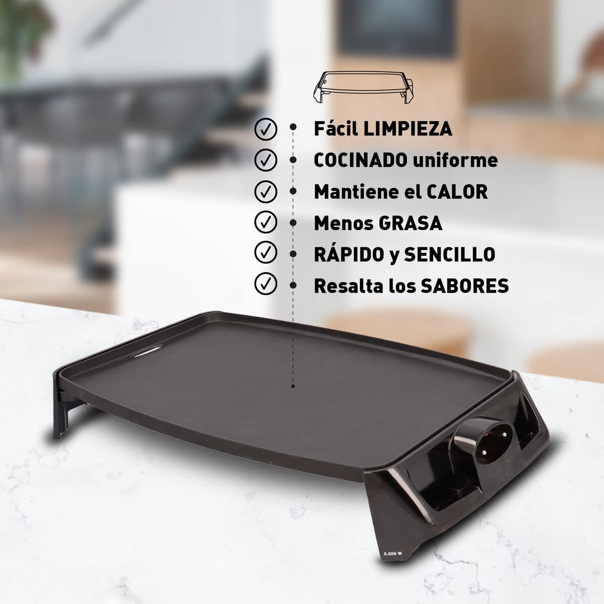Jata Gr195 Plancha de Asar Cocina Por Igual en Toda La Superficie 46 X 25 Cm Antiadherente Libre de Pfoa Muy Resistente Al Rayado Fácil Limpieza con Bandeja Colectora de Salsas, 2200 W, Color Negro — view 3