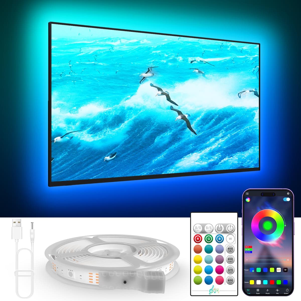 KANTUTOE TV LED Lights, 3m LED Lights for 32-45 Inch TVs, RGB TV Backlight with Remote, Colour Changing Music Sync Bluetooth APP Control Strip Lights USB Powered for Bedroom Gaming Room Decor — view 10