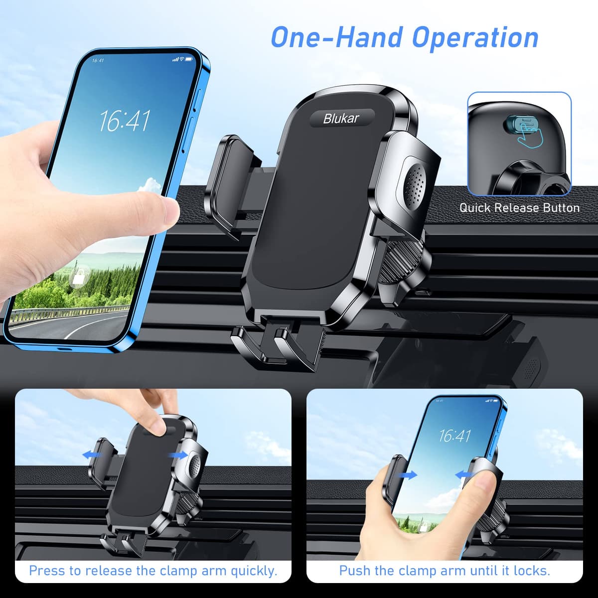 Blukar Car Phone Holder, Air Vent Car Phone Mount Cradle 360° Rotation - Upgraded Super Stable Hook Clip - One Button Release Holder for iPhone, Galaxy, All 4.0''-6.7'' Smartphones — view 2