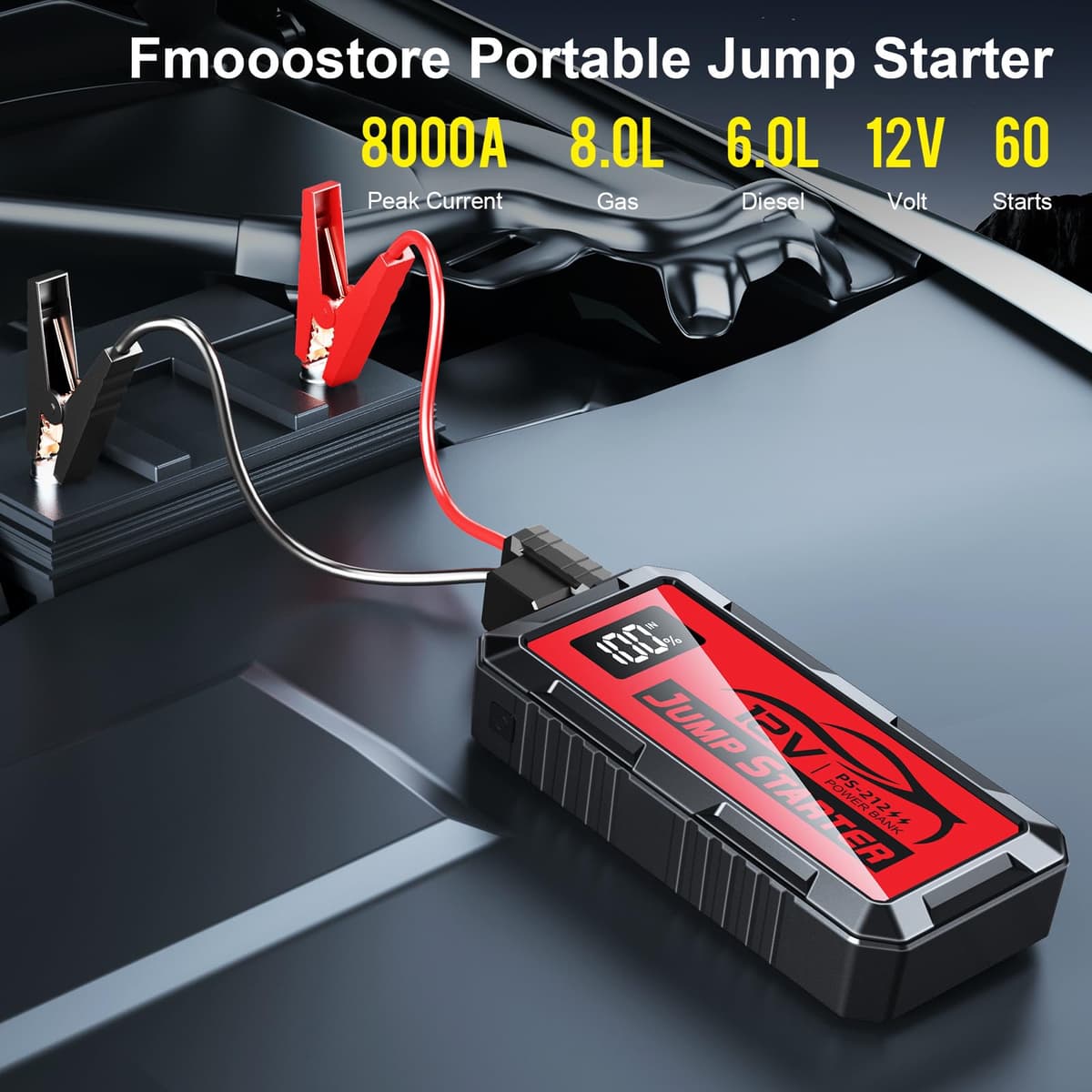PSOOO Jump Starter 12V 8000A Power Pack Car Battery Pack (up to 10.0L Gas or 8.5L Diesel Engine) Jump Cable with Smart Clip and LED light (Red) — view 2