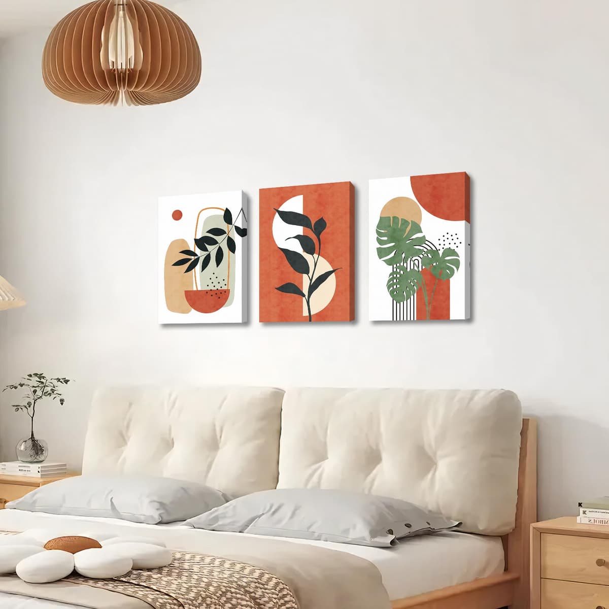 3Pcs Wooden Framed Boho Canvas Wall Art Orange Abstract Leaves And Sun Painting Canvas Prints Nordic Minimalist Geometric Picture for Living Room Bedroom Hallway Home Wall Decor 120x60cm(16"x24"x3pcs) — view 4