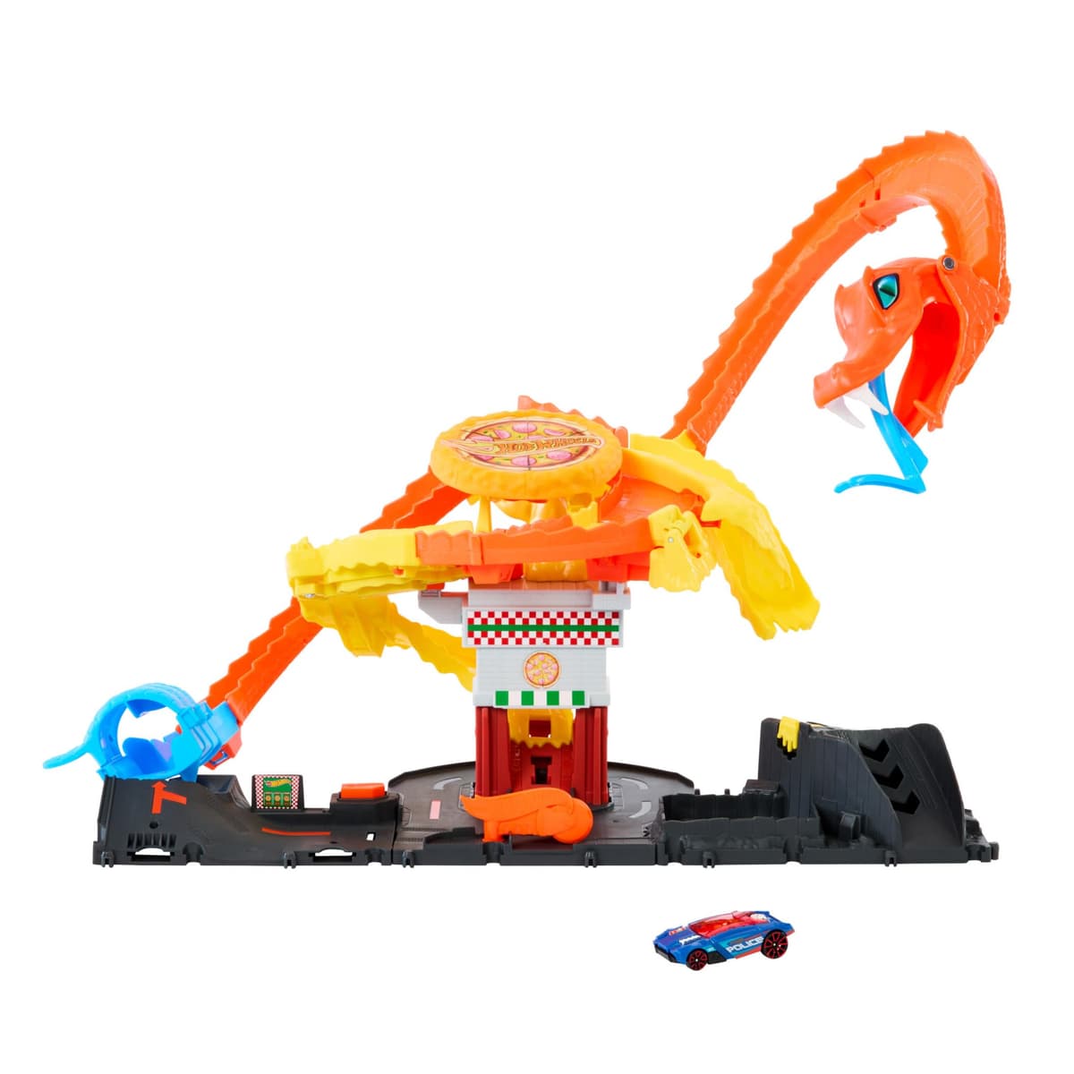 Hot Wheels City “Let's Race - ¡a Correr!” Netflix - Pizza Slam Ataque de Cobra Pista para Coches de Juguete con Serpiente, Incluye 1 vehículo, +4 años (Mattel HTN81)