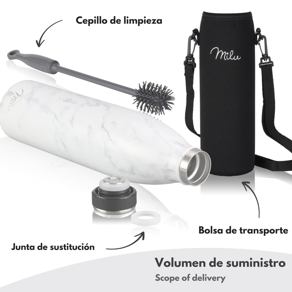 Milu Botella de acero inoxidable de 350ml 500ml 750 ml 1 L 1,5 L botella de agua aislada, termo a prueba de fugas, doble pared, apta para ácido carbónico + cepillo de limpieza (Azul Violeta, 350ml) — view 141
