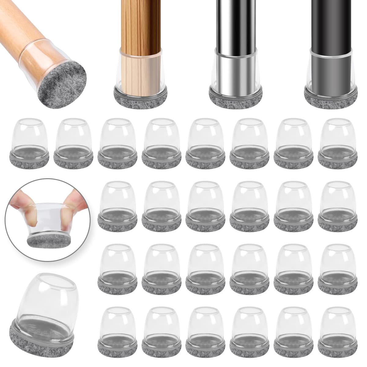 Ezprotekt Protectores de Suelo Transparentes para Patas de Silla 20-28mm, 16 Tapones de Silicona con Fieltro Envuelto, Fundas de Silicona Redondo — view 27