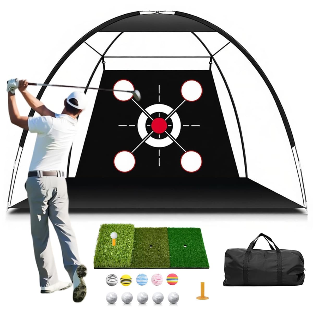 Red de prácticas de Golf con Alfombrilla, Kit de Entrenamiento portátil de 300x200cm con 3 Alfombrillas de golpeo, 10 Pelotas de Golf, Tees y Bolsa de Transporte para Uso en Interiores y Exteriores