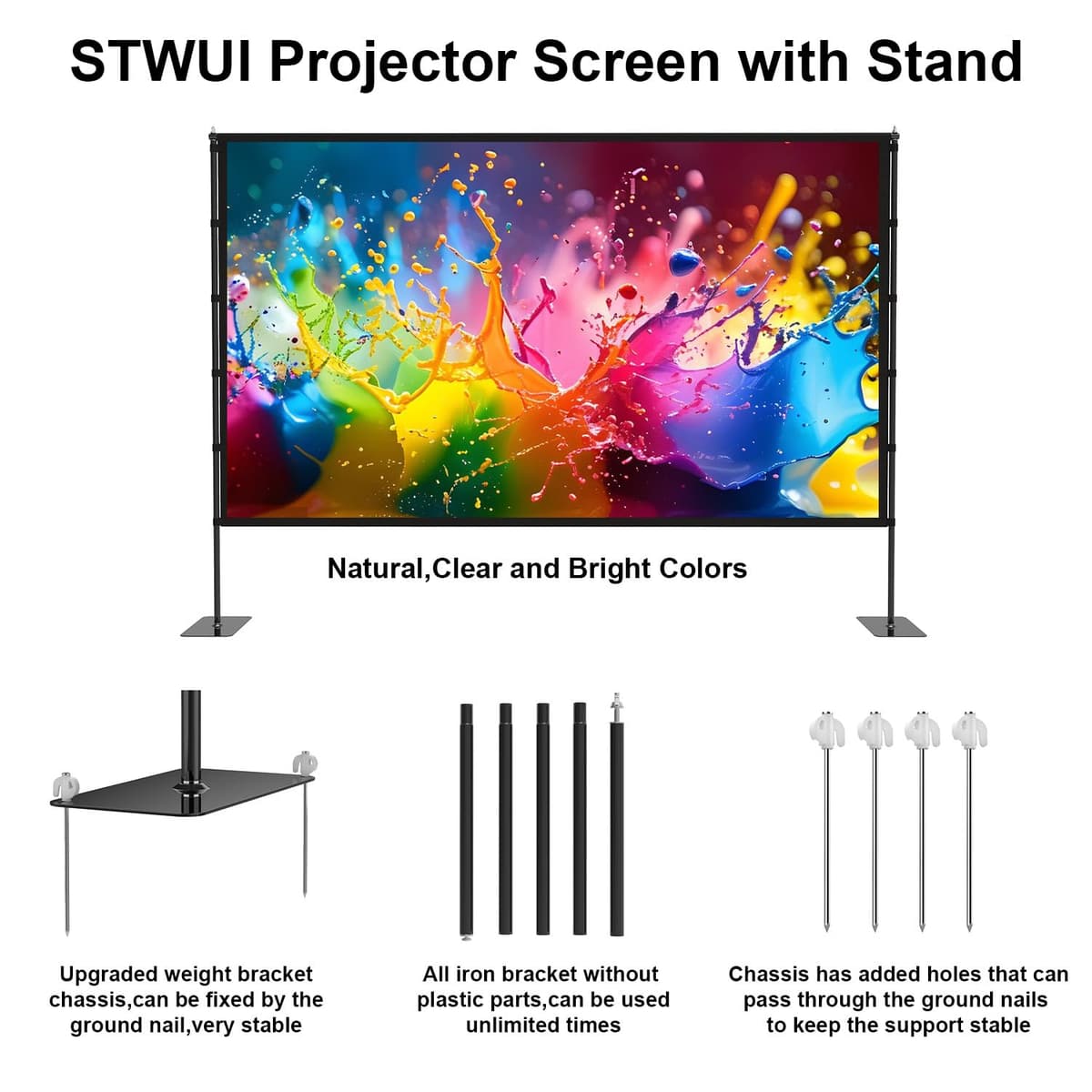 STWUI Outdoor-Projector-Screen-with-Stand - 120 inch Portable Projection Screen Indoor Outdoor Projector Screens 16:9 4K HD Lightweight Movie Screen with Carry Bag for Backyard Movie Night 1pcs — view 5
