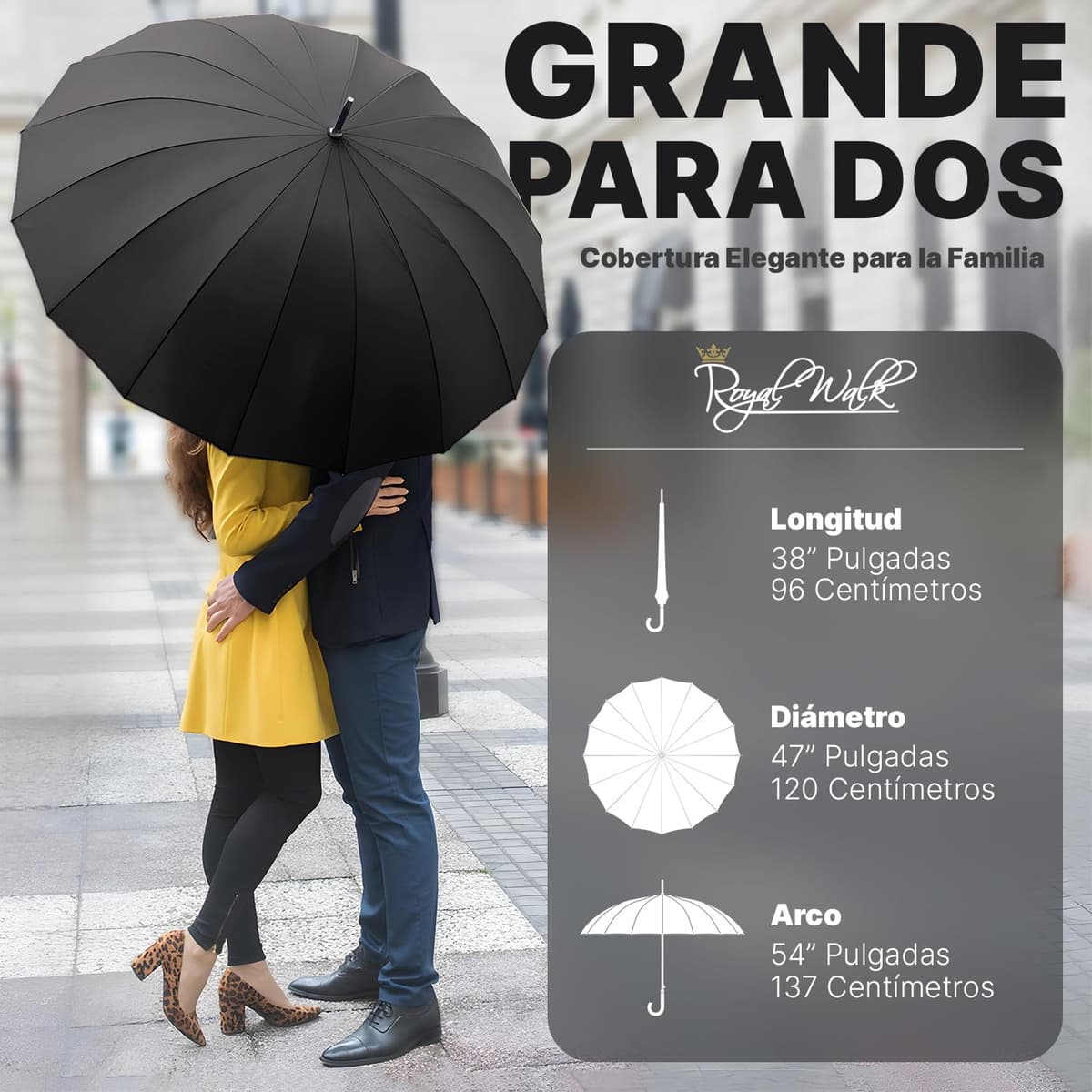Royal Walk Paraguas Grande XXL Antiviento para Hombre y Mujer Automático Abierto Para 2 Personas de 54 Pulgadas Negro Paraguas Resistente al Viento de Golf Originale Impermeable 16 Varillas 120cm — view 2