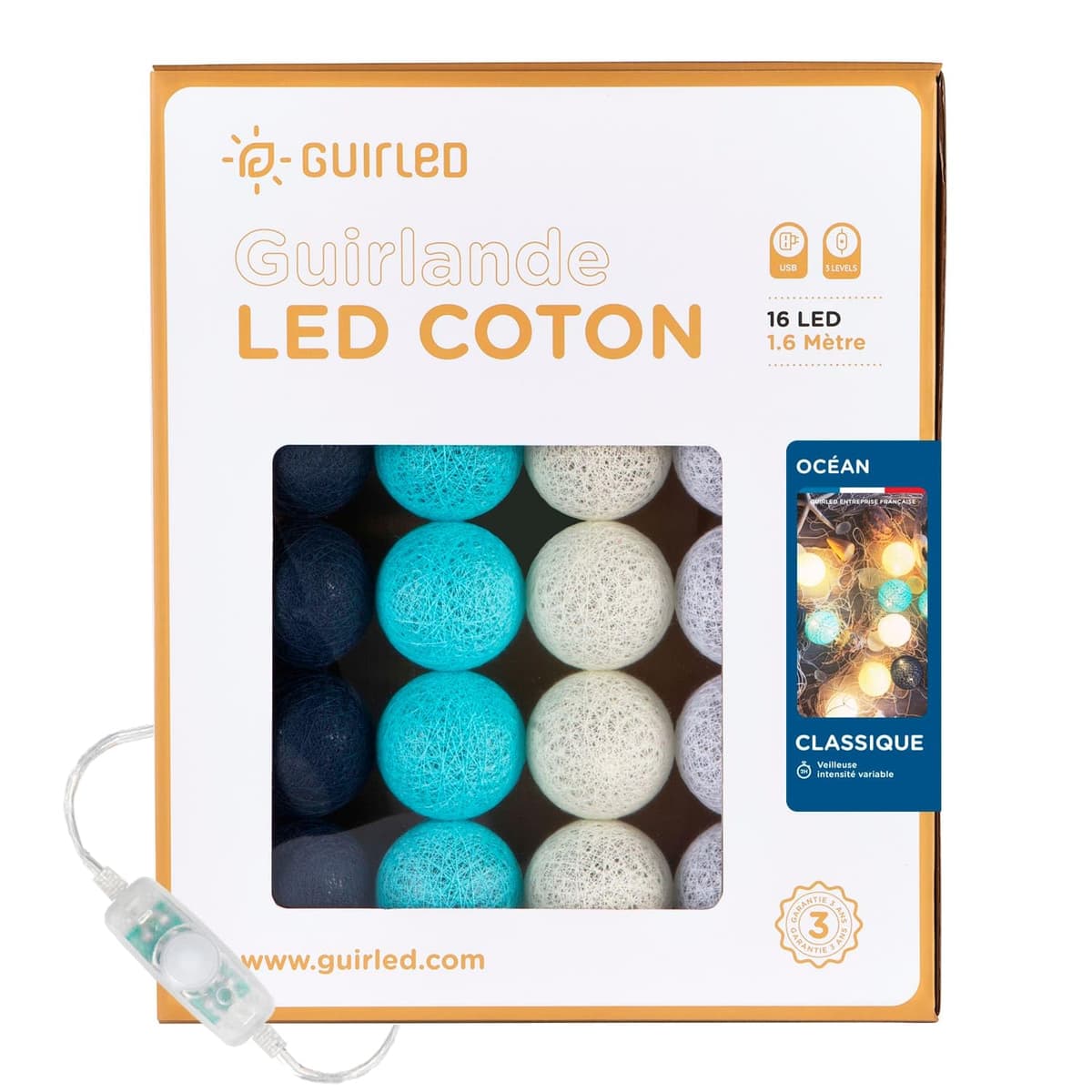 GuirLED - Guirnalda luminosa bolas de algodón LED USB- Luz de noche para bebé 2h - Adaptador de corriente dual USB 2A incluido - 3 intensidades - 16 bolas 1,6m - Byzantin — view 21