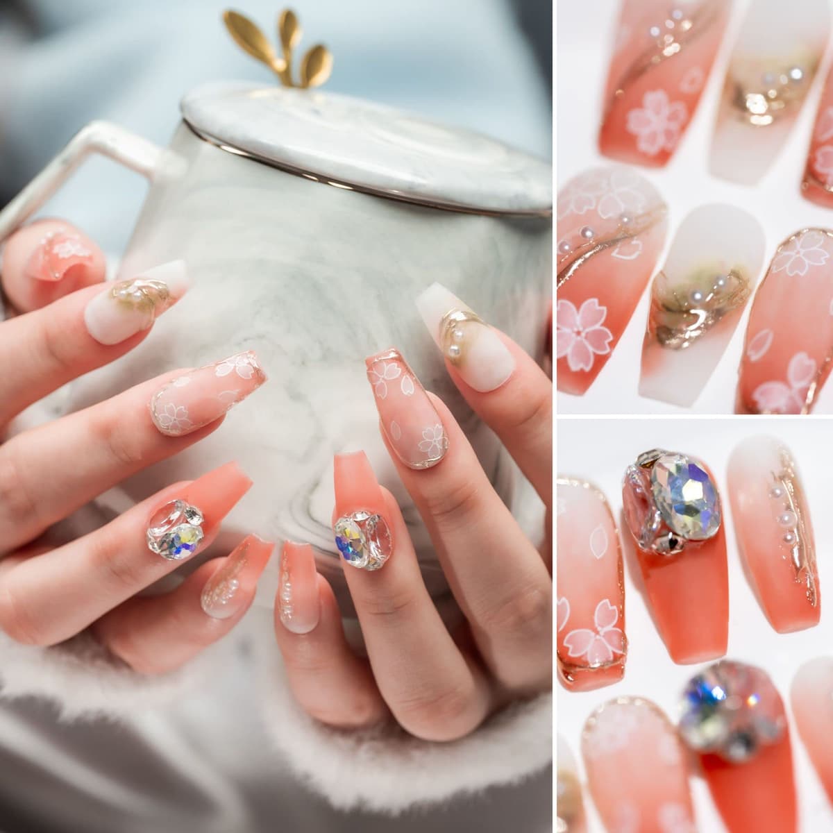 Sun&Beam Nails Handmade Press On Nail Long Coffin Ballerina Pink Flower Acrylic Fake Tip 3D Design Art Charms Cute with Storage Box 10 Pcs (S) — view 360