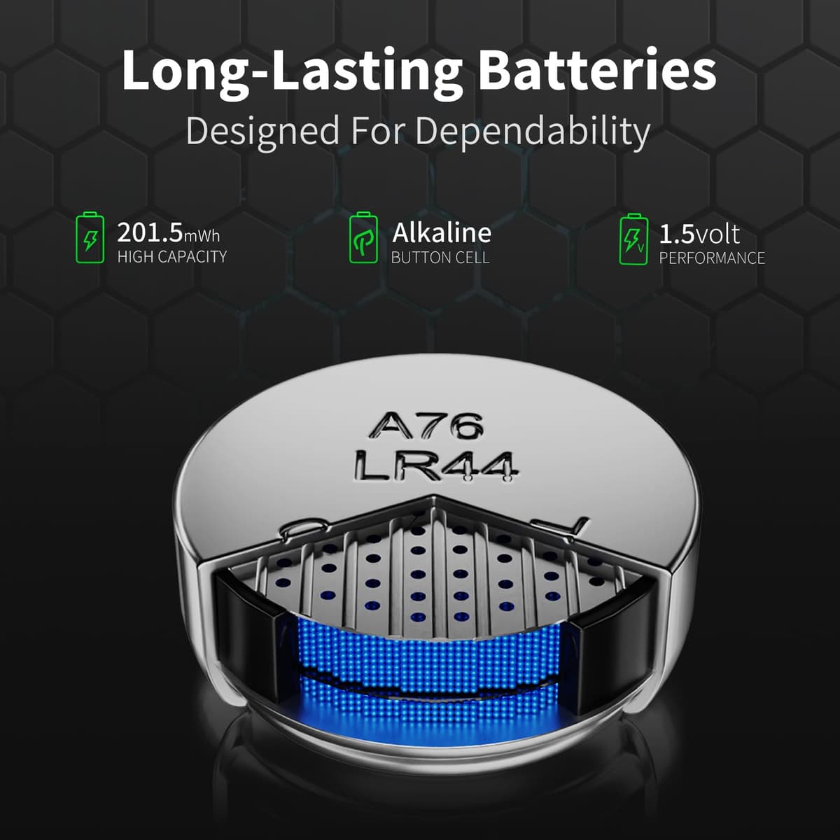 LR44 Batteries 60 Pack, AG13 L1154F 357 303 SR44 A76 Premium Alkaline 1.5V Button Coin Cell Battery — view 2