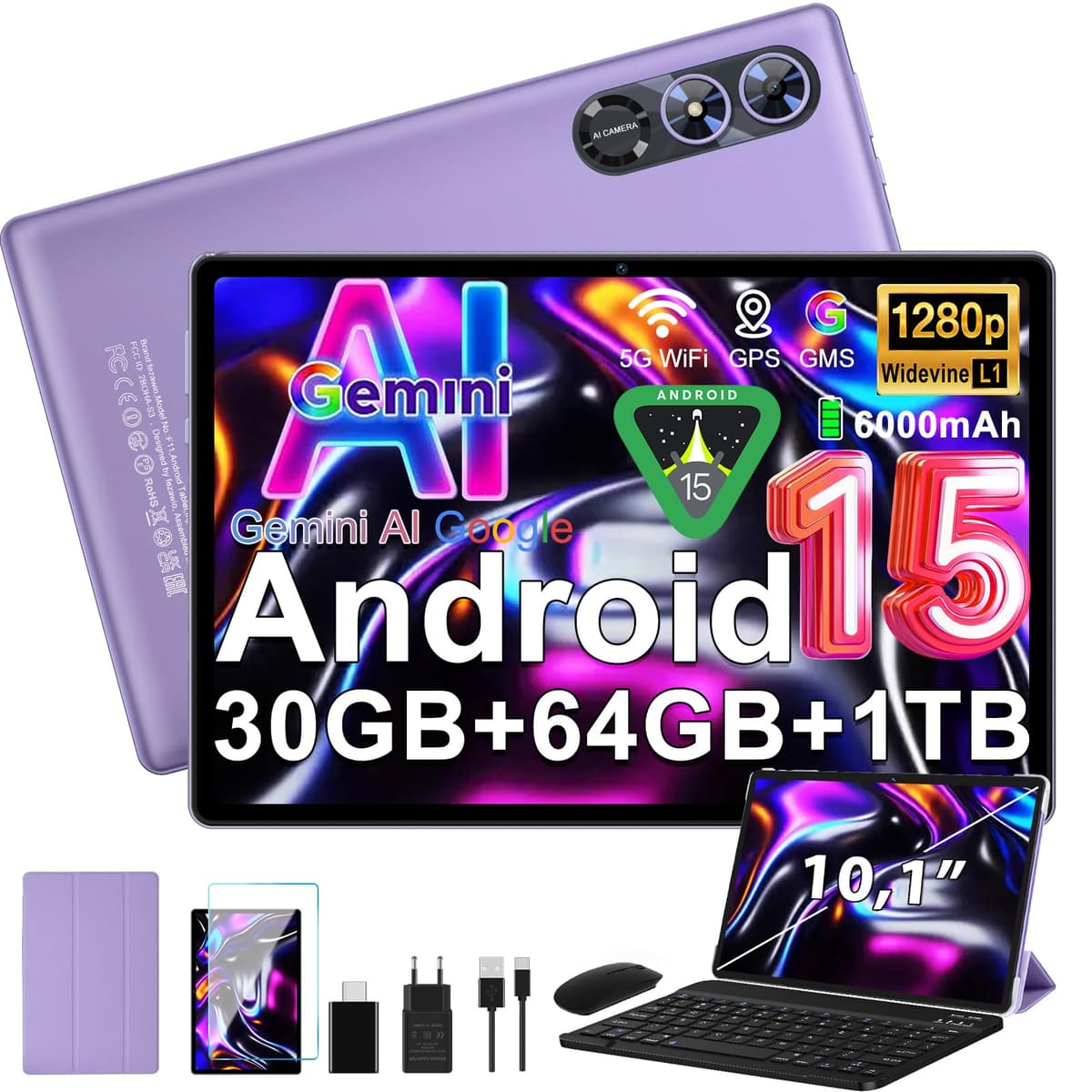 fezawio Android 15 Tablet 10 Pulgadas Gemini AI, Tablet PC Octa-Core, 30 GB RAM + 64 GB ROM (1TB TF), 3.5mm Audio/GMS/WiFi 6 & BT 5.0 / 6000mAh / GPS/Widevine L1, Tableta con Teclado-Morado