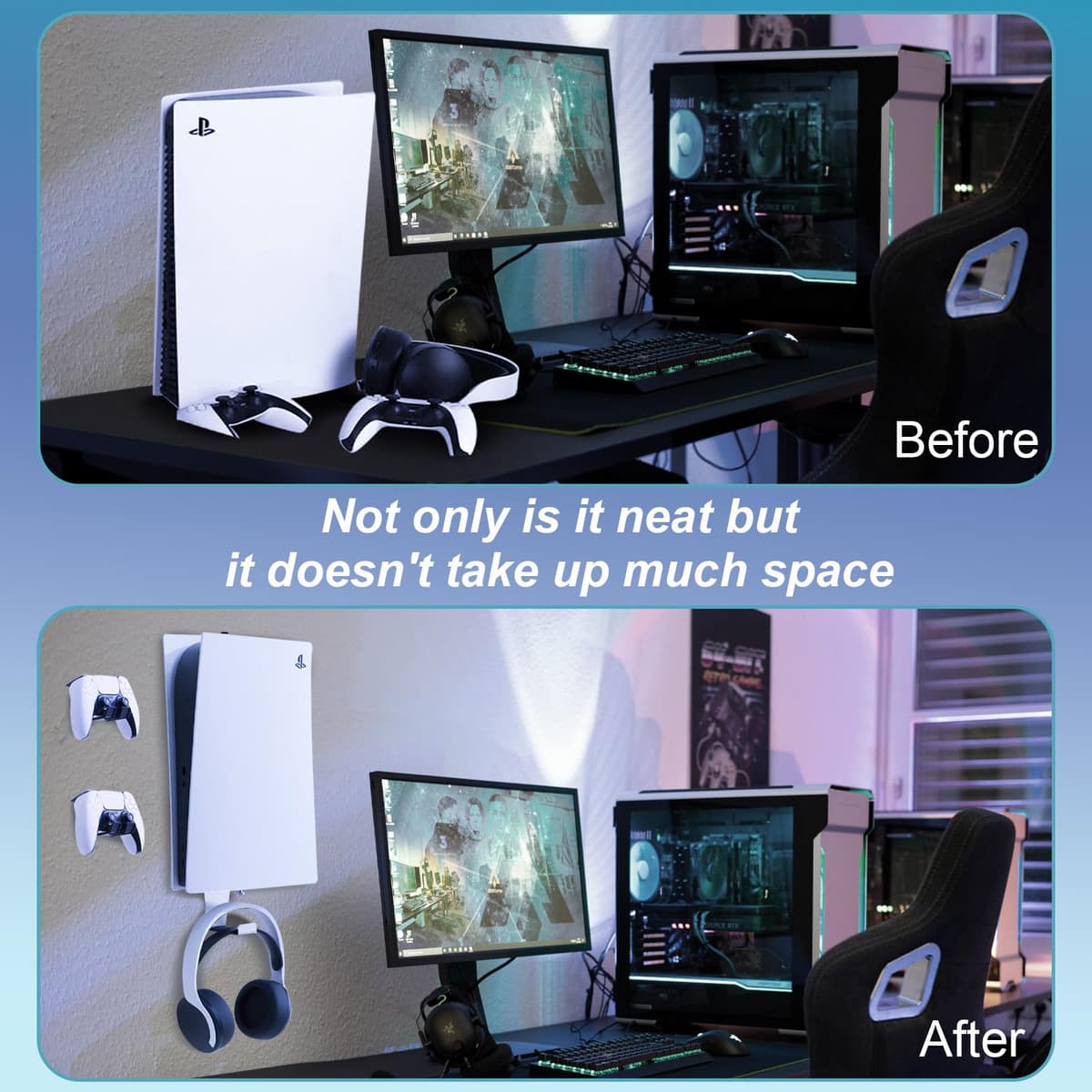 PS5 Wall Mount, Heavy-Duty Steel Mount Kit for Protection & Cooling with 2 Controller Holder and Headset Holder,Compatible with All PS5 Models Including Slim, Pro, Original. (White) — view 3