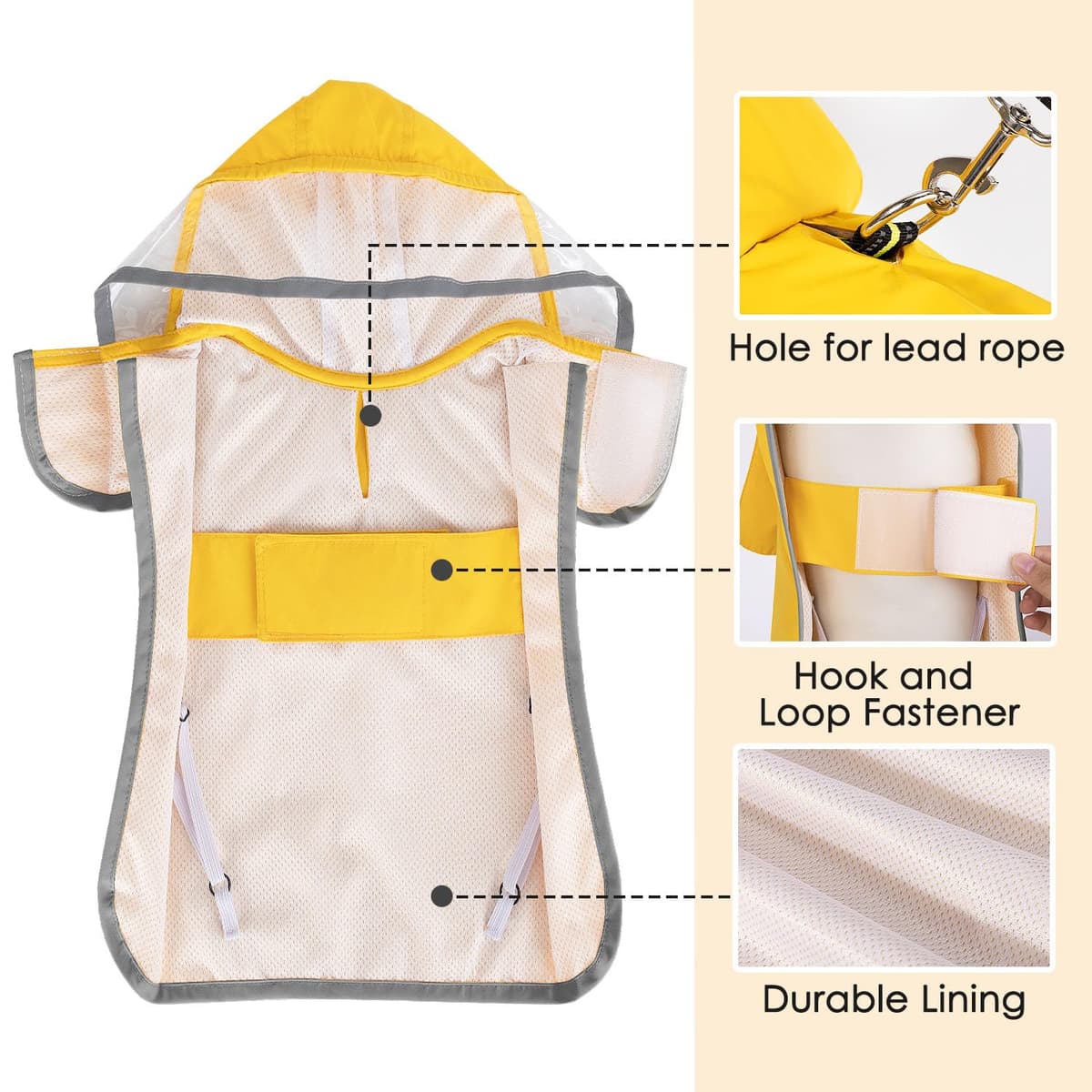 Lukovee Dog Raincoat, Adjustable Dog Rain Jacket with Clear Hooded Double Layer for Large Medium Small Dogs Puppies, Waterproof Rain Coat Poncho with Reflective Storage Pocket & Rim (Yellow,M) — view 6