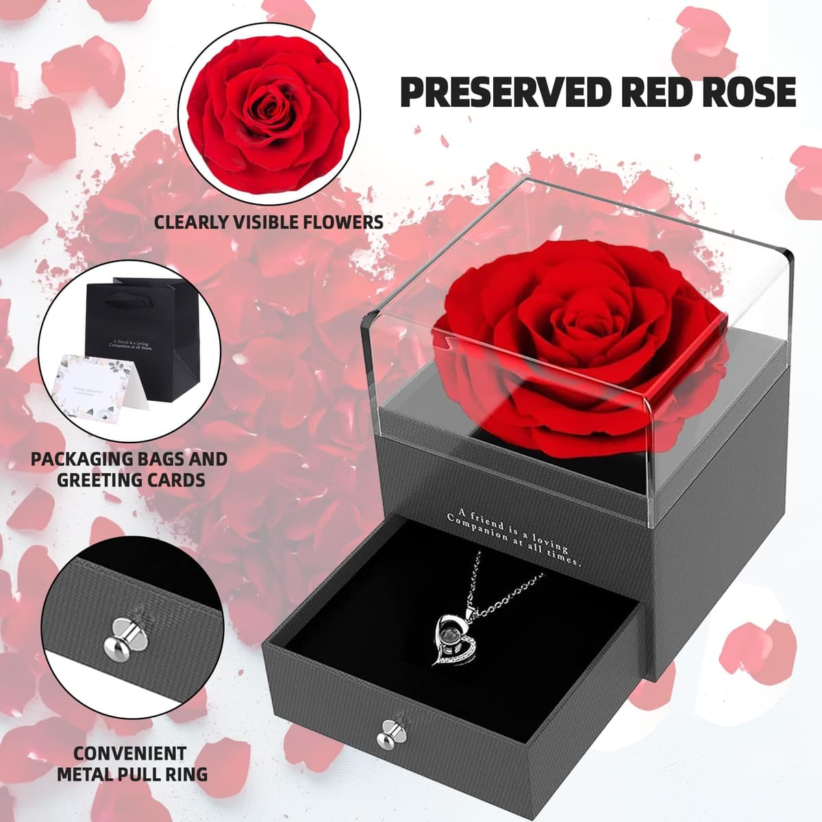 Zynxel Rosa Eterna, Regalos originales para mujer - Día de la Madre, San Valentín, Caja con Flores Estabilizadas, Collar Corazón de Perno, Regalo para Aniversario, Fiestas y Ocasiones Especiales — view 3