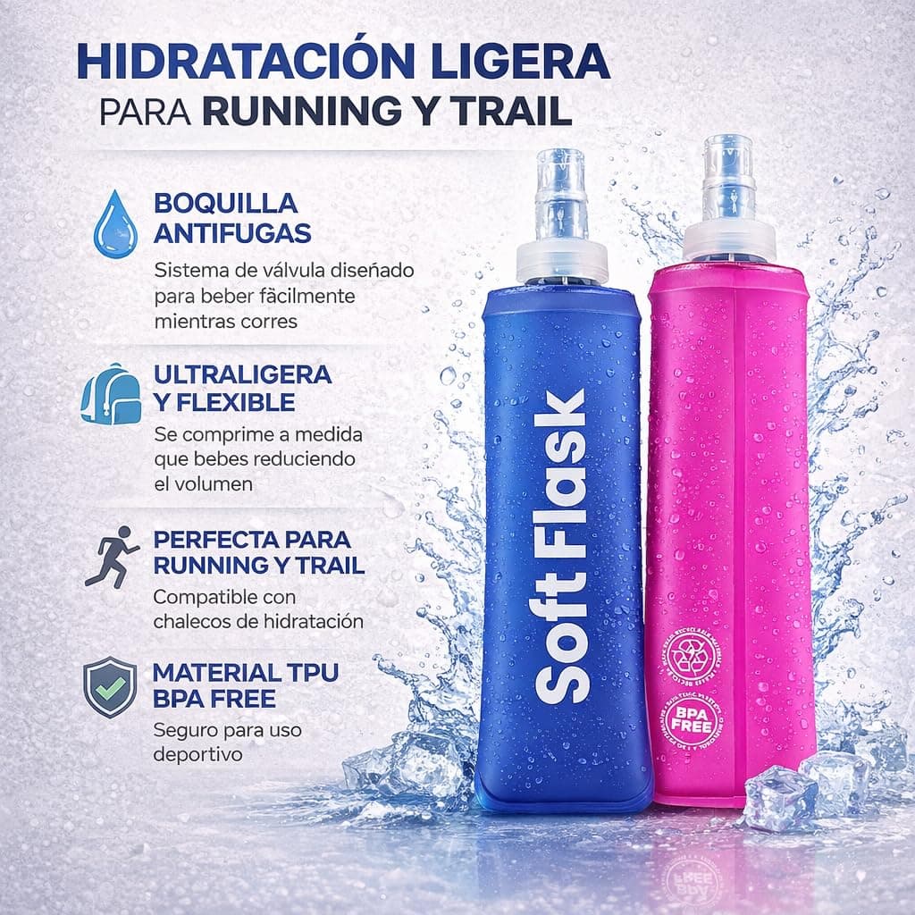 Botella Plegable - Pack 2 Unidades Soft Flask TPU BPA Free - Bidón Agua Trail Running Flexible Silicona – Botella Hidratación para Chaleco Running, Senderismo, Ciclismo (Azul, 250 ML) — view 2