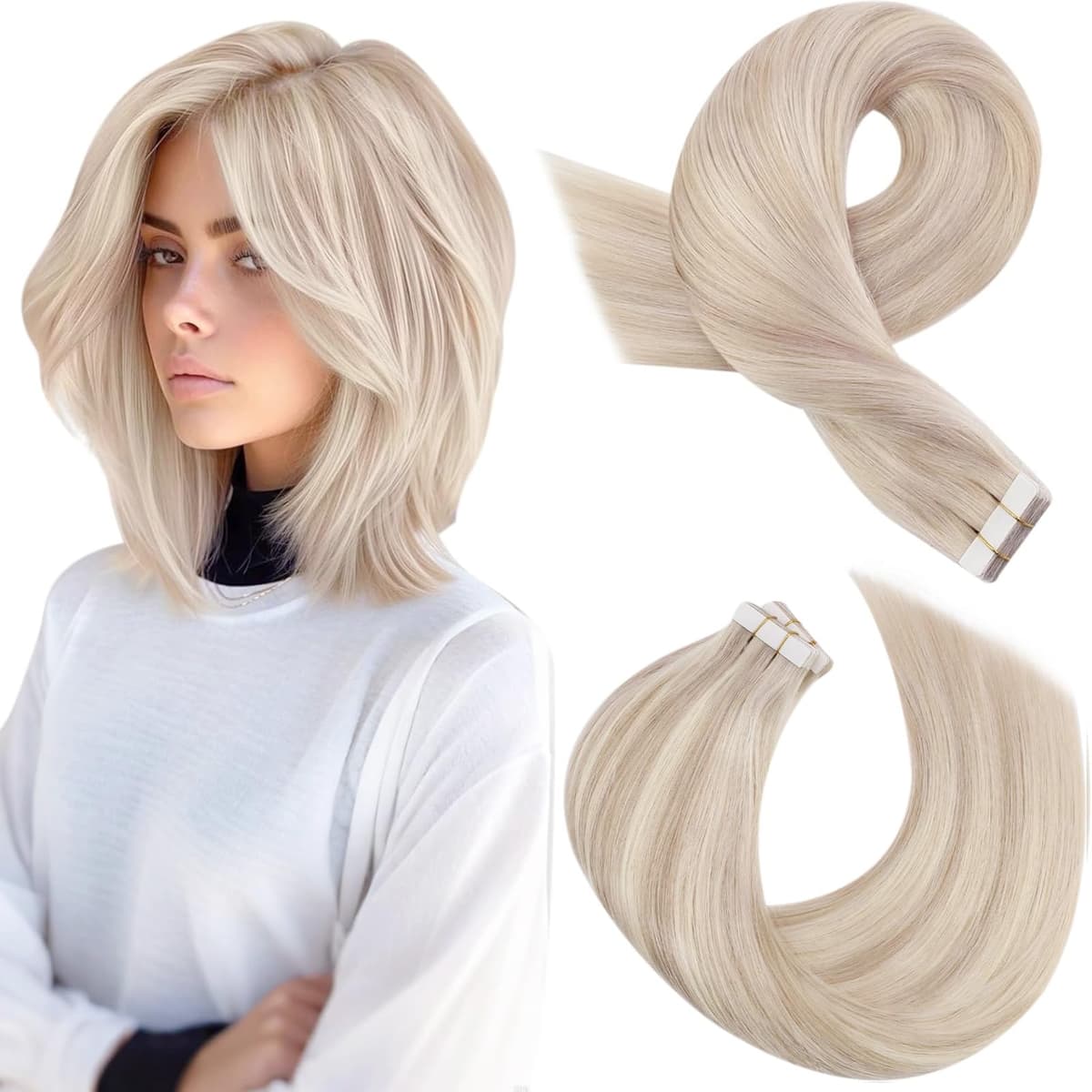 Moresoo Tape in Human Hair Extensions 20 Inch Highlight 50g/20pcs Tape in Hair Extensions Human Hair Ash Blonde with Platinum Blonde #P18/613 — view 83