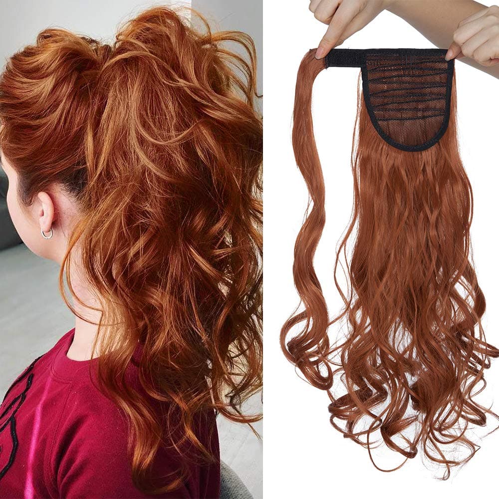 17"(43cm) SEGO Ponytail Long Synthetic Hair Looks Natural [Red Brown/Orange] Clip in Hair Extensions Curly Tail Ponytail Extension (90g)